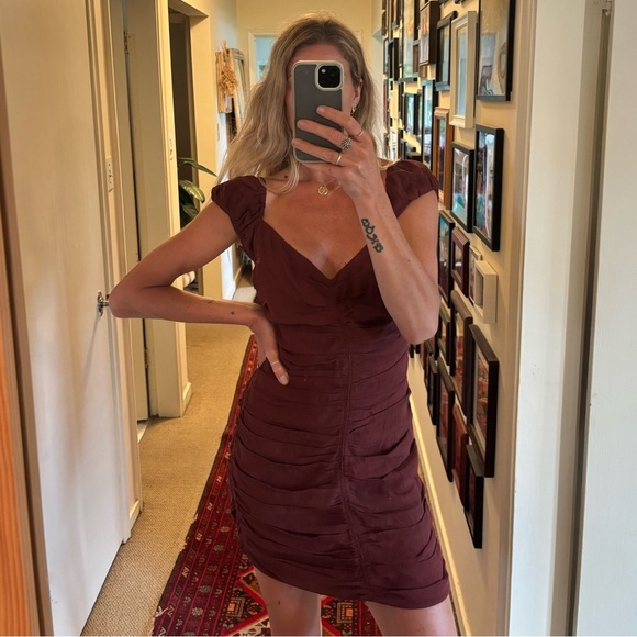 Wilfred Aritzia Brown Veda Ruched Off Shoulder Zip Up Bodycon Contour Mini Dress - Picture 3 of 17